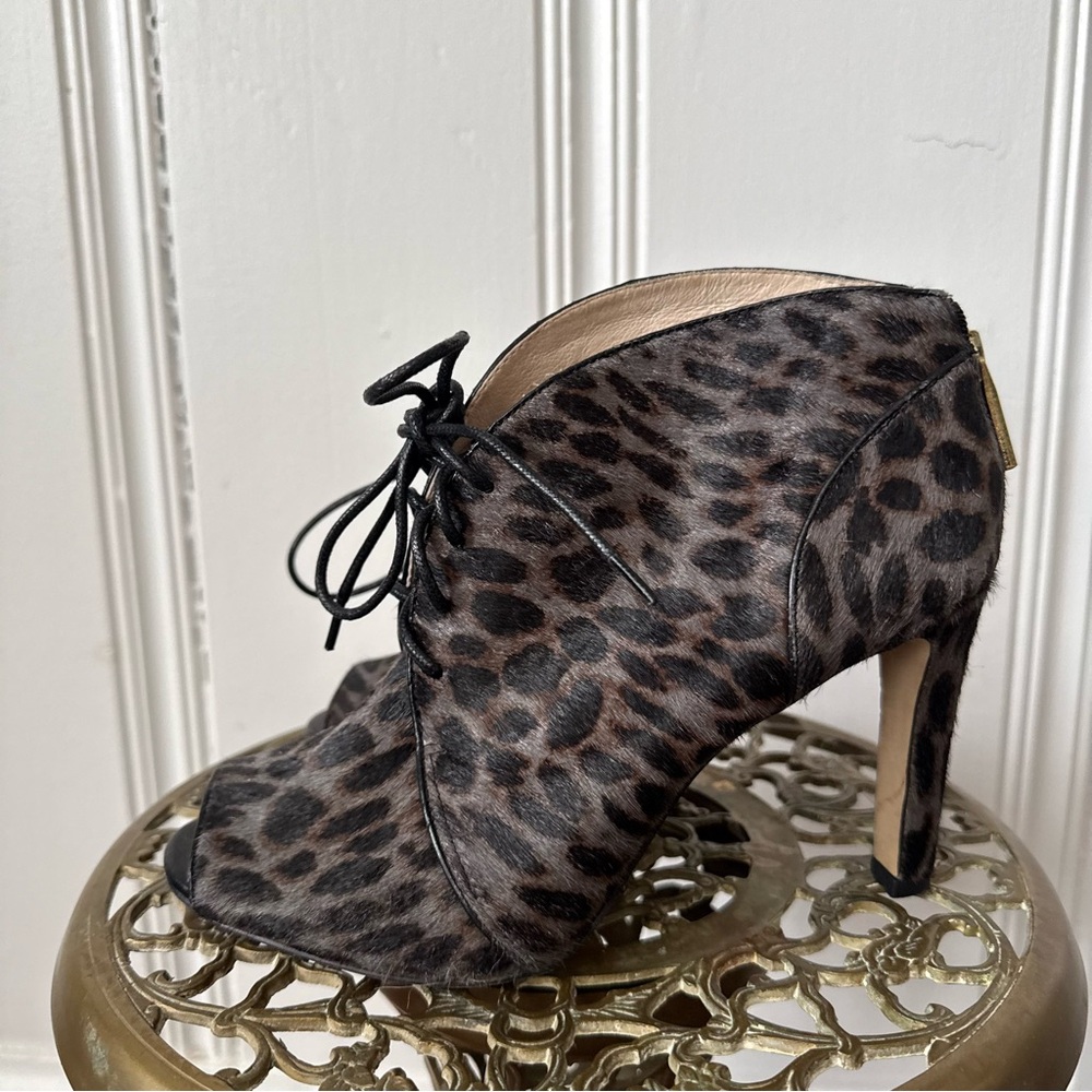 Louise et Cie Veronica Leopard Print Calf Hair Peep Toe Lace Up Ankle Booties